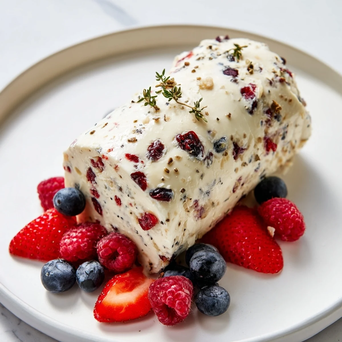 Creamy Cranberry & Goat Cheese Log is garnished with a vibrant array of fresh berries, perfect appetizer.