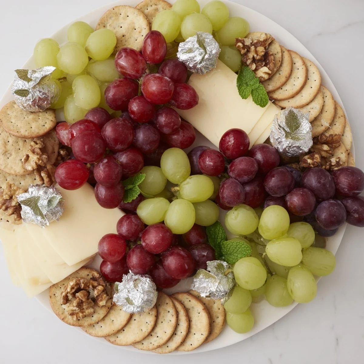 Sparkling Grape and Silver Cracker Platter featuring jewel-toned grapes and creamy cheeses, perfect for a party.