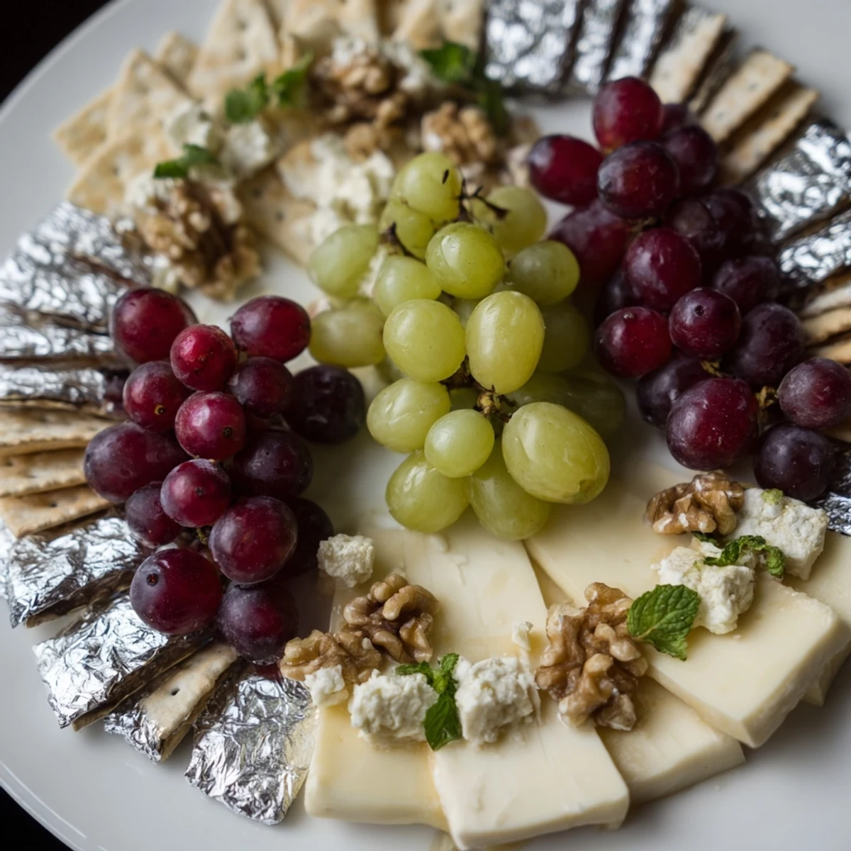 A festive Sparkling Grape and Silver Cracker Platter with silver-dusted crackers, ripe grapes and drizzled honey.