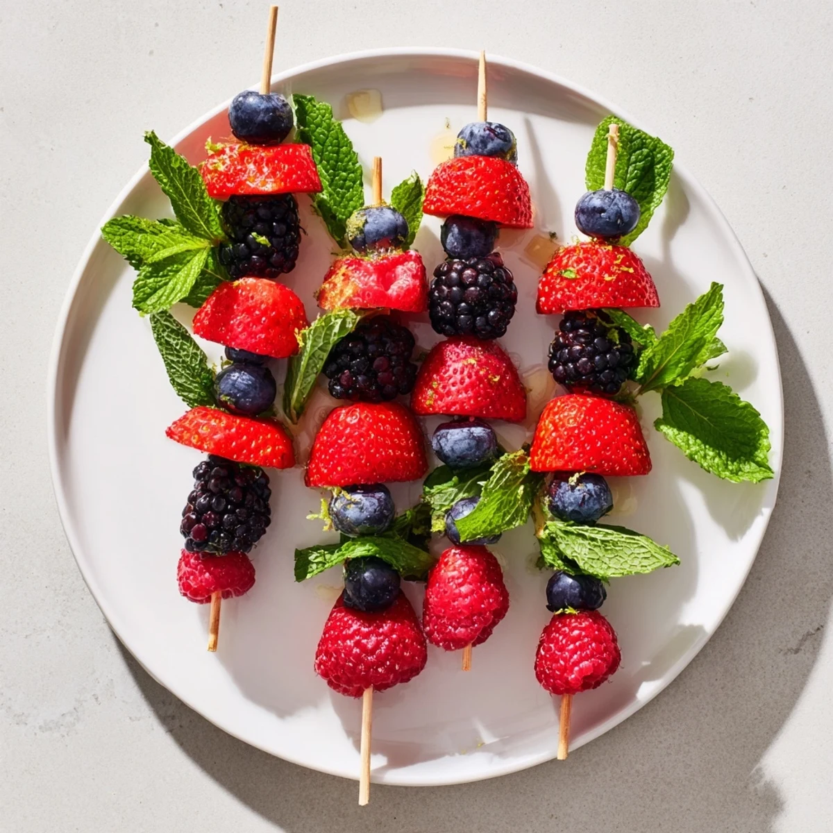 Simple berry and mint skewers offer a delightful mix of flavors and textures, ready to enjoy.