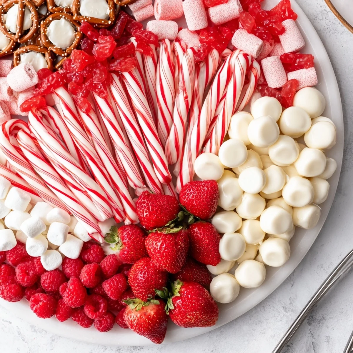 Festive Sweet Board brimming with red and white treats, ready to brighten a holiday party.