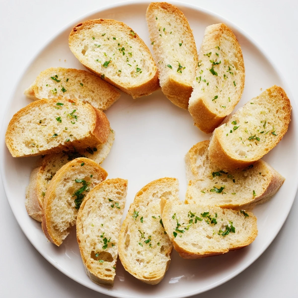 Golden, crispy Simple Bread baguette slices arranged in a circular pattern, ideal with cheese spreads.
