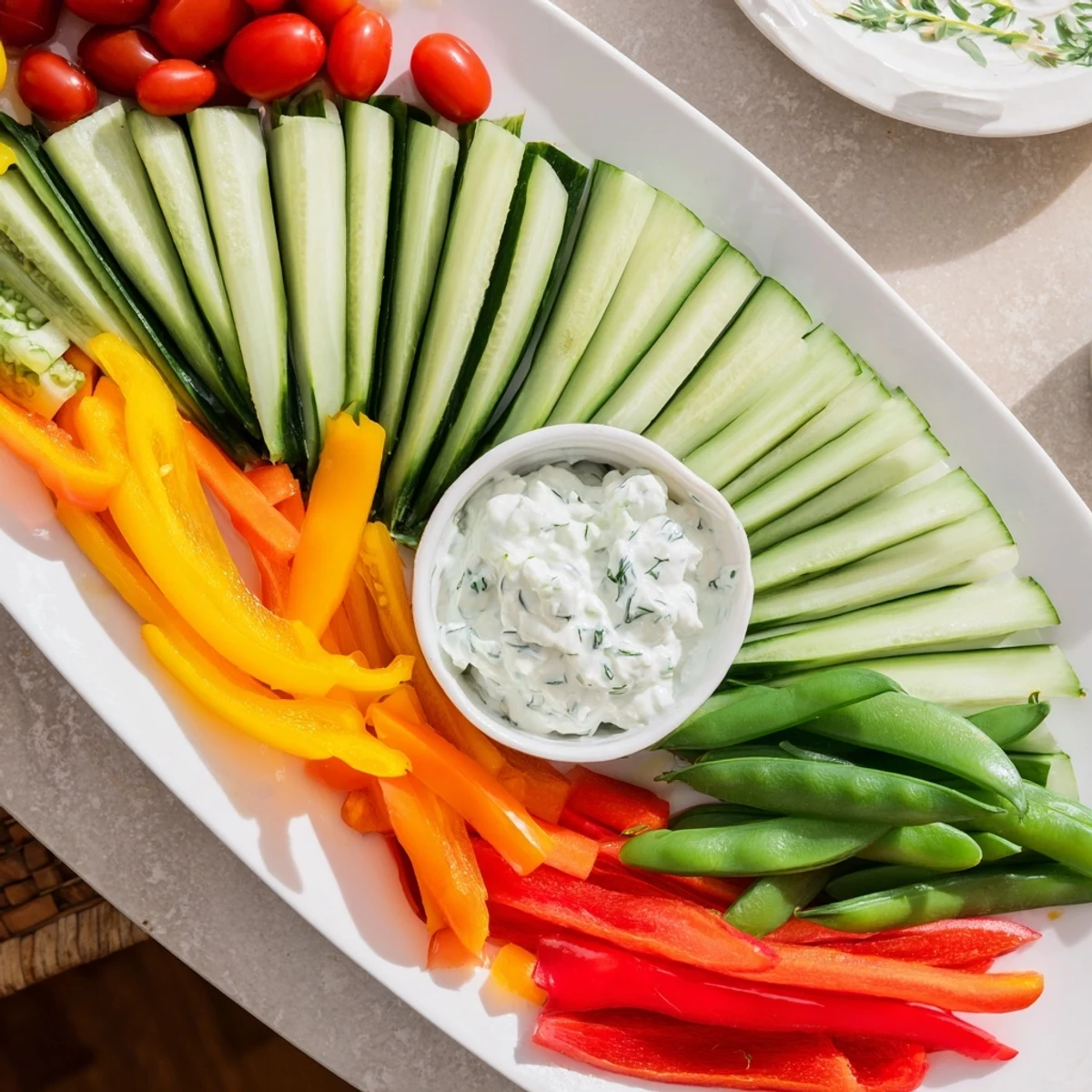 Elegant veggie platter with fan-shaped cucumber, carrots, and vibrant herbed dip - perfect appetizer.