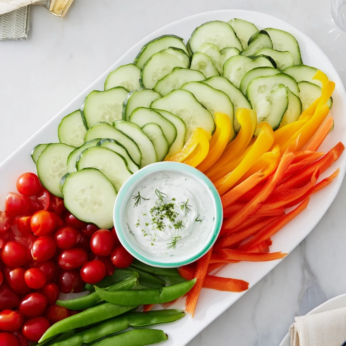 Fresh, colorful Veggie Platter with crisp cucumber and carrot slices arranged artfully on a platter.