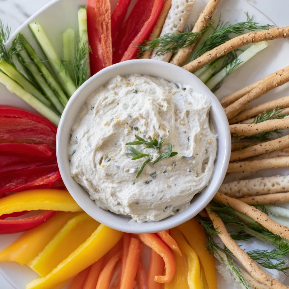 Festive Reindeer Antler Spread appetizer: a creamy dip circled by crackers, veggies, and meat "antlers".