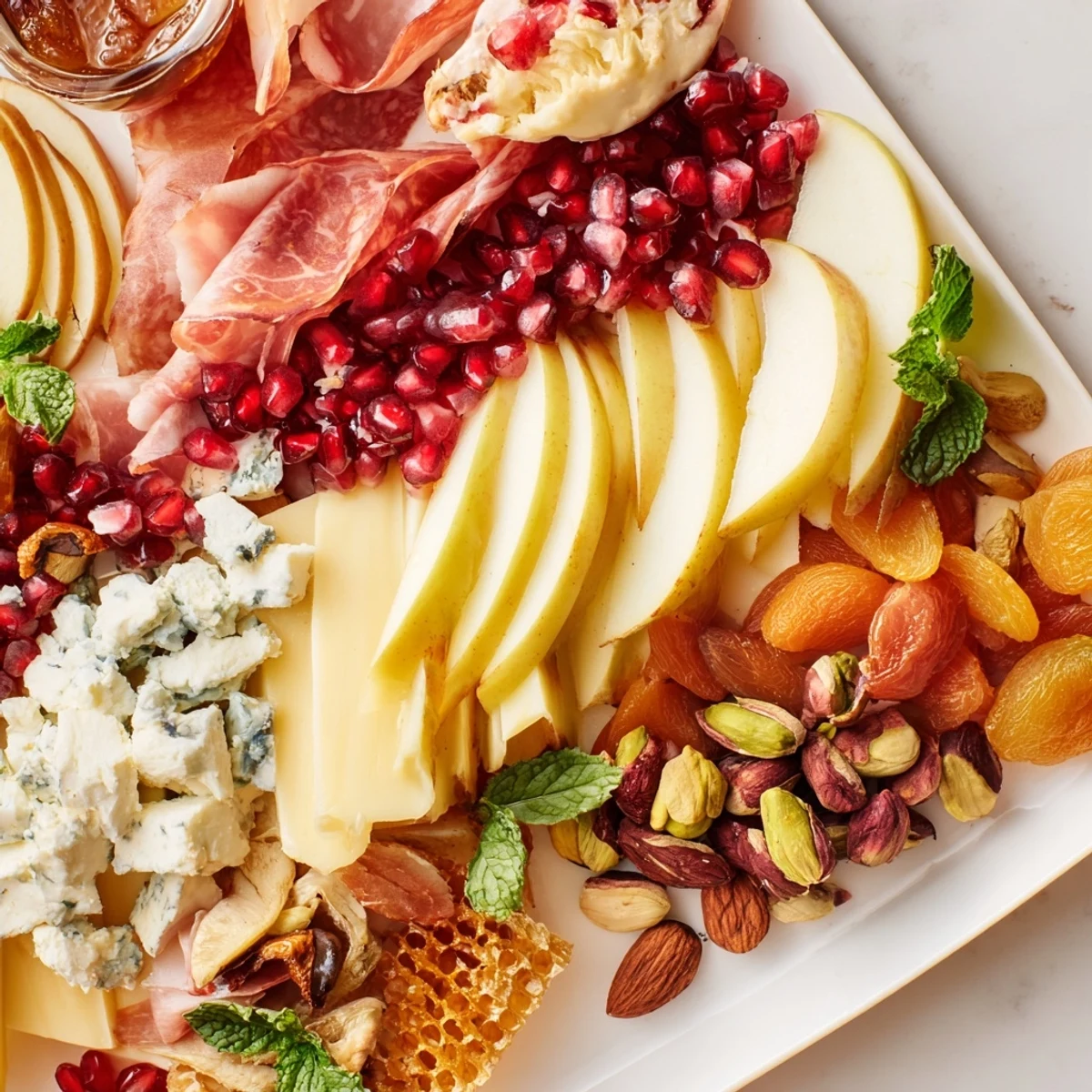 Pomegranate Jewel Cascade cheese board with vibrant red pomegranate seeds and creamy goat cheese.