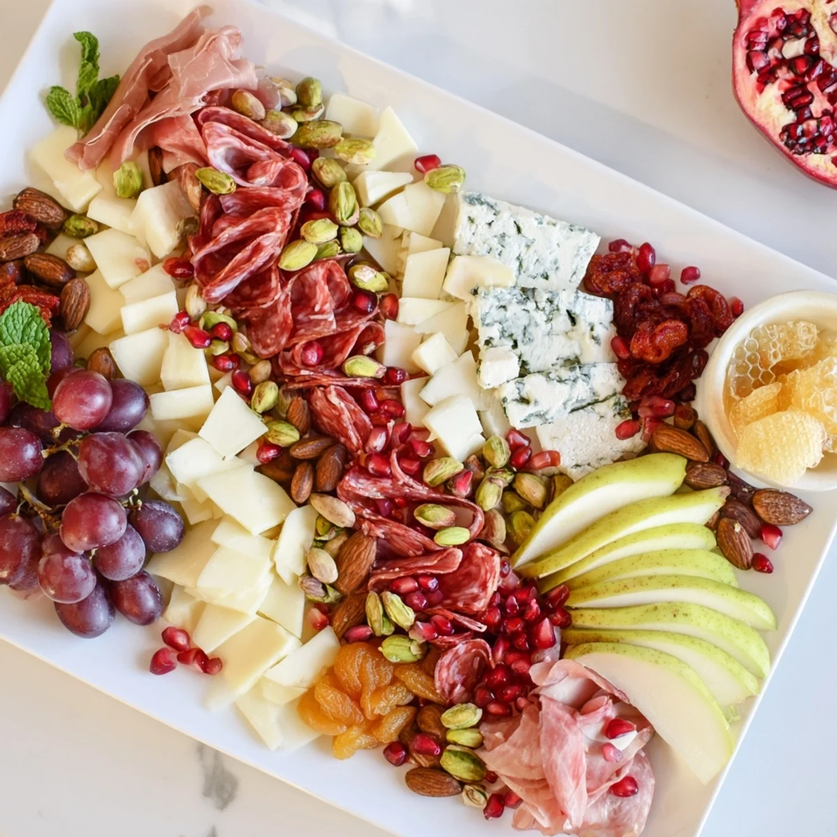 Vivid image of a Pomegranate Jewel Cascade appetizer; cheese, charcuterie, and fresh fruit are perfectly showcased.