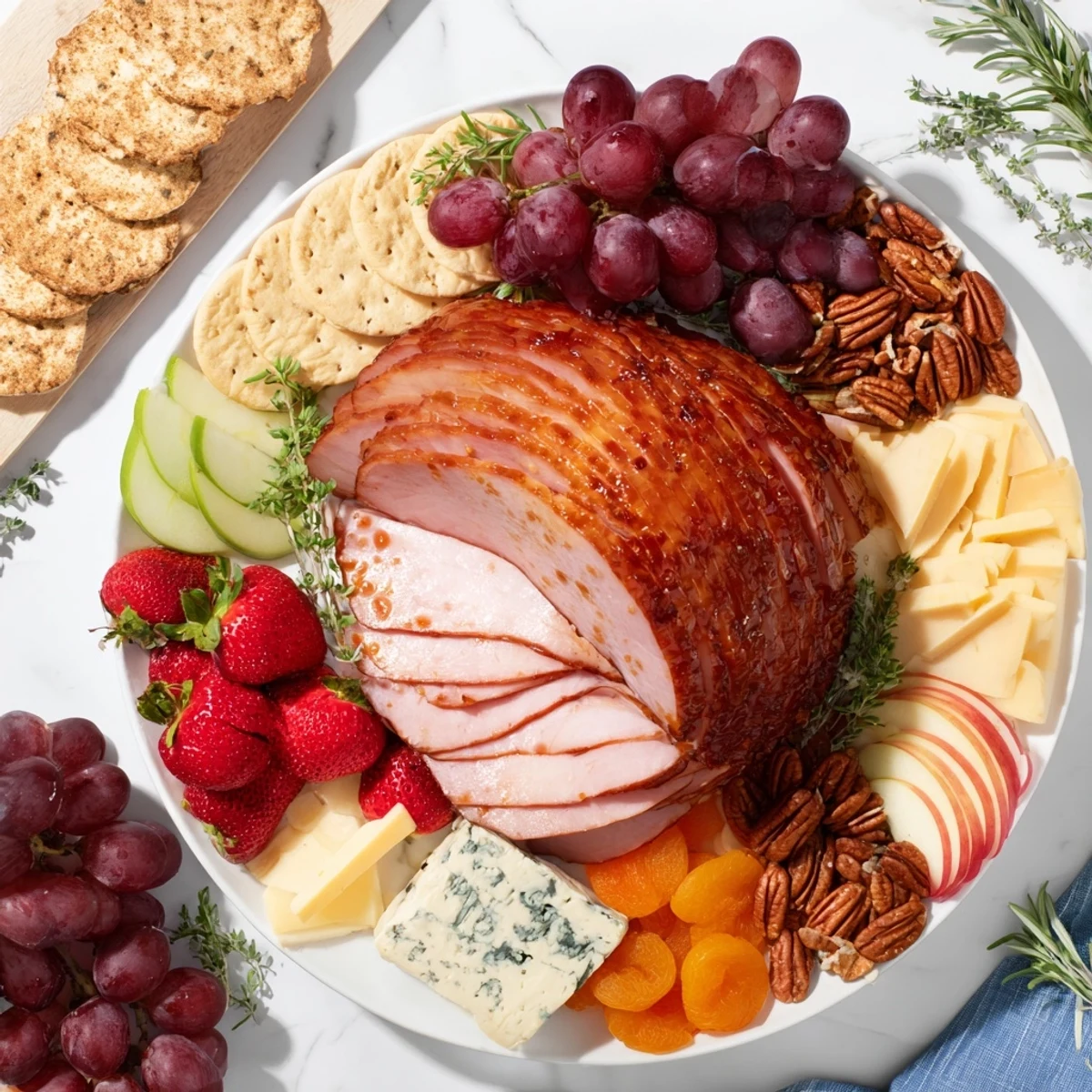 Golden-brown Glazed Ham centerpiece on a wooden board surrounded by colorful fruits and cheeses.