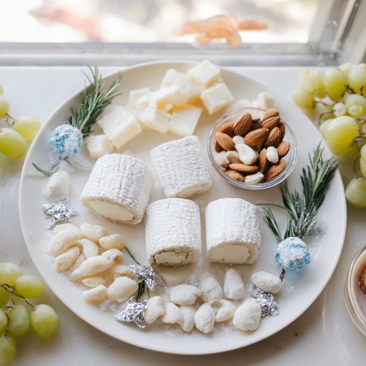 This Winter Wonderland Platter offers a dazzling array of cheeses, crackers, and glistening garnishes for an elegant appetizer.