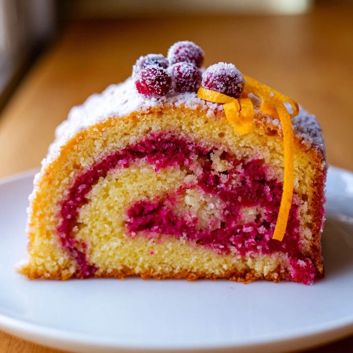 Vibrant swirls of cranberry and orange in this festive Cranberry Orange Swirl cake image.