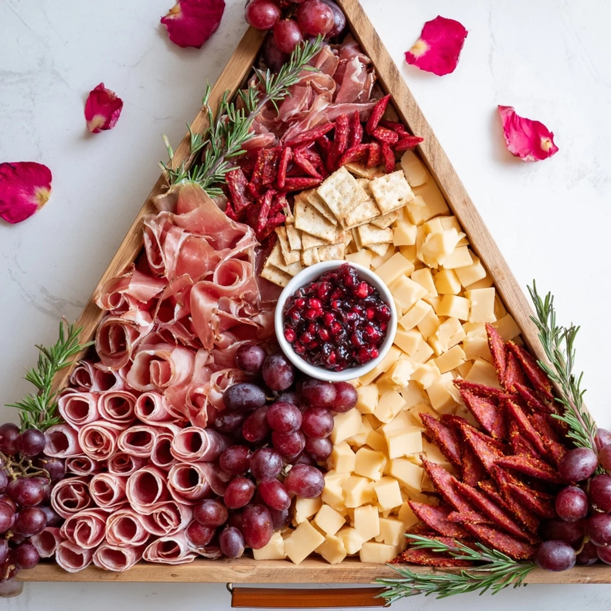 Beautifully arranged The Crimson Crest charcuterie board brimming with red meats, cheeses, and garnishes.