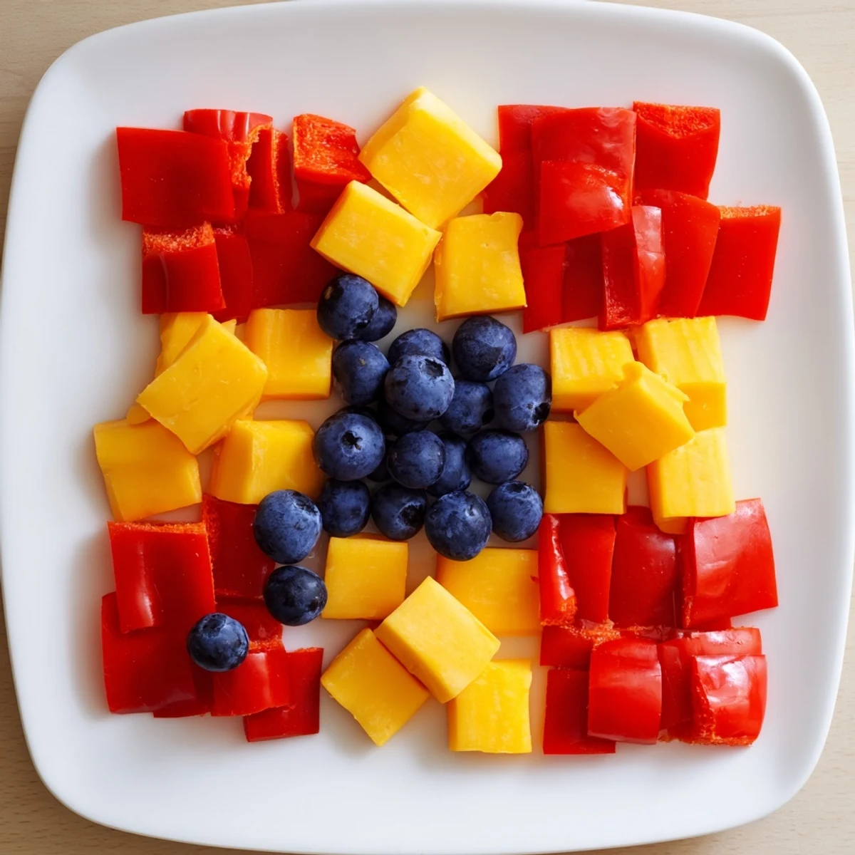 The Bauhaus Block appetizer: vibrant red peppers, yellow cheese, and blue grapes artfully arranged.