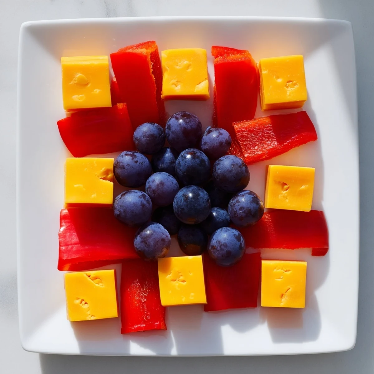 A close-up of The Bauhaus Block appetizer presents colorful, geometric veggie and cheese bites.