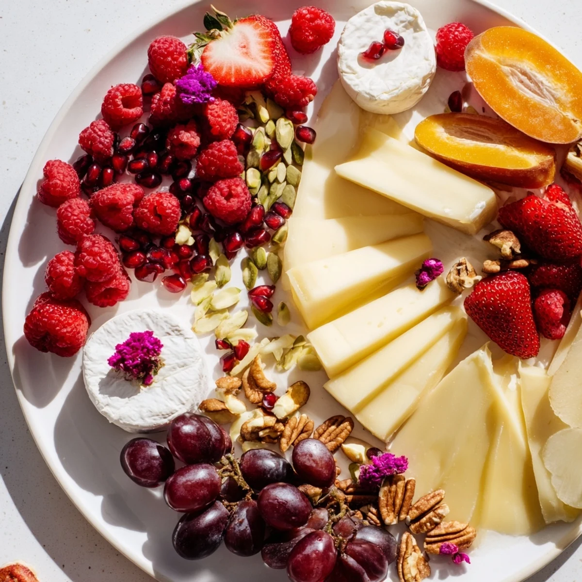 A Rose Garden Romantic Platter with vibrant fruits, cheeses, and edible flowers arranged artfully.