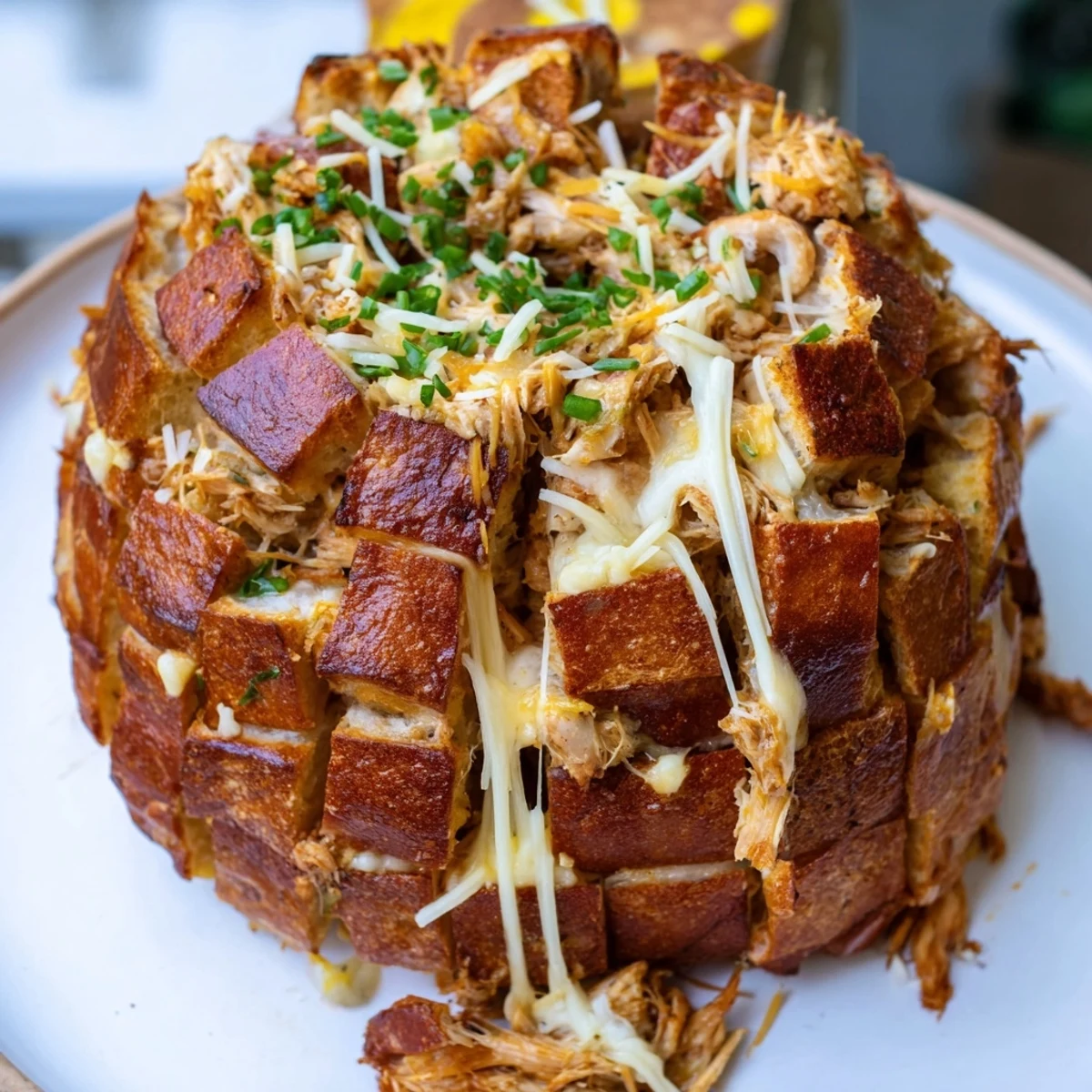 Image of golden-brown Cheesy Leftover Chicken Bake, oozing cheese, perfect for a hearty, comforting family meal.