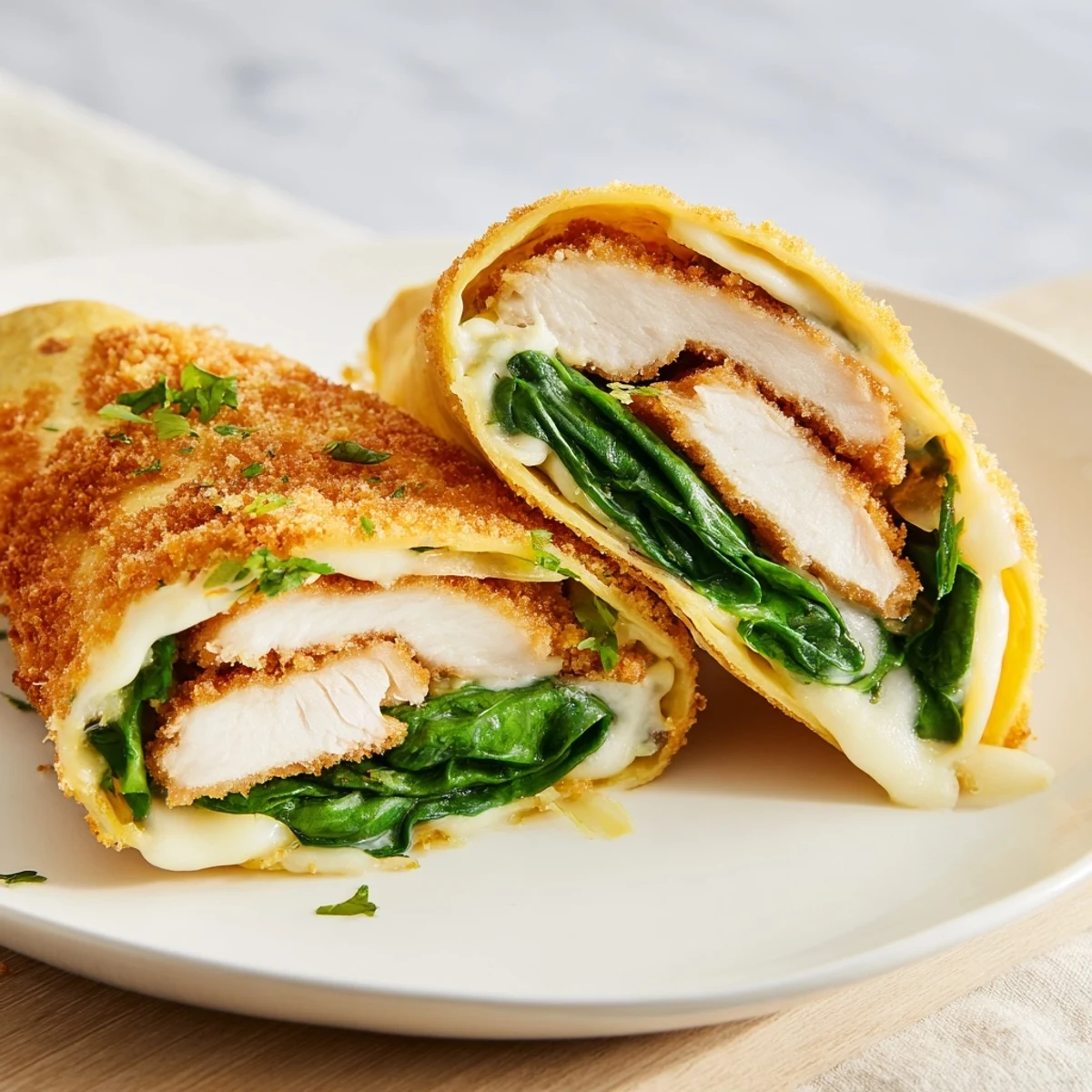 A close-up shot of a golden Chicken Piccata Crunch Wrap, showcasing the satisfying crunch and textures.