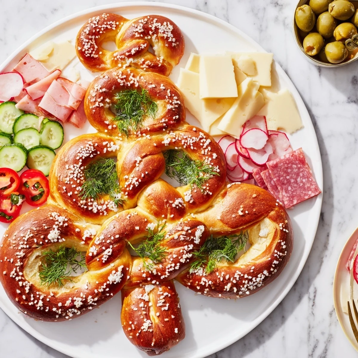 Soft pretzels creatively shaped into a festive Bretzel Arbre de Vie savory platter, ready for sharing.
