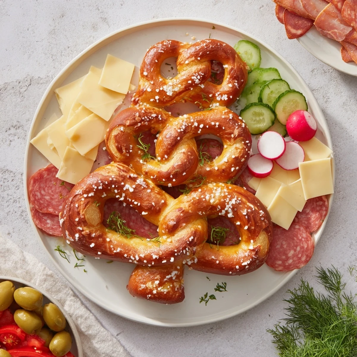 Delicious close-up of a Bretzel Arbre de Vie, a pretzel tree platter with fresh herbs.