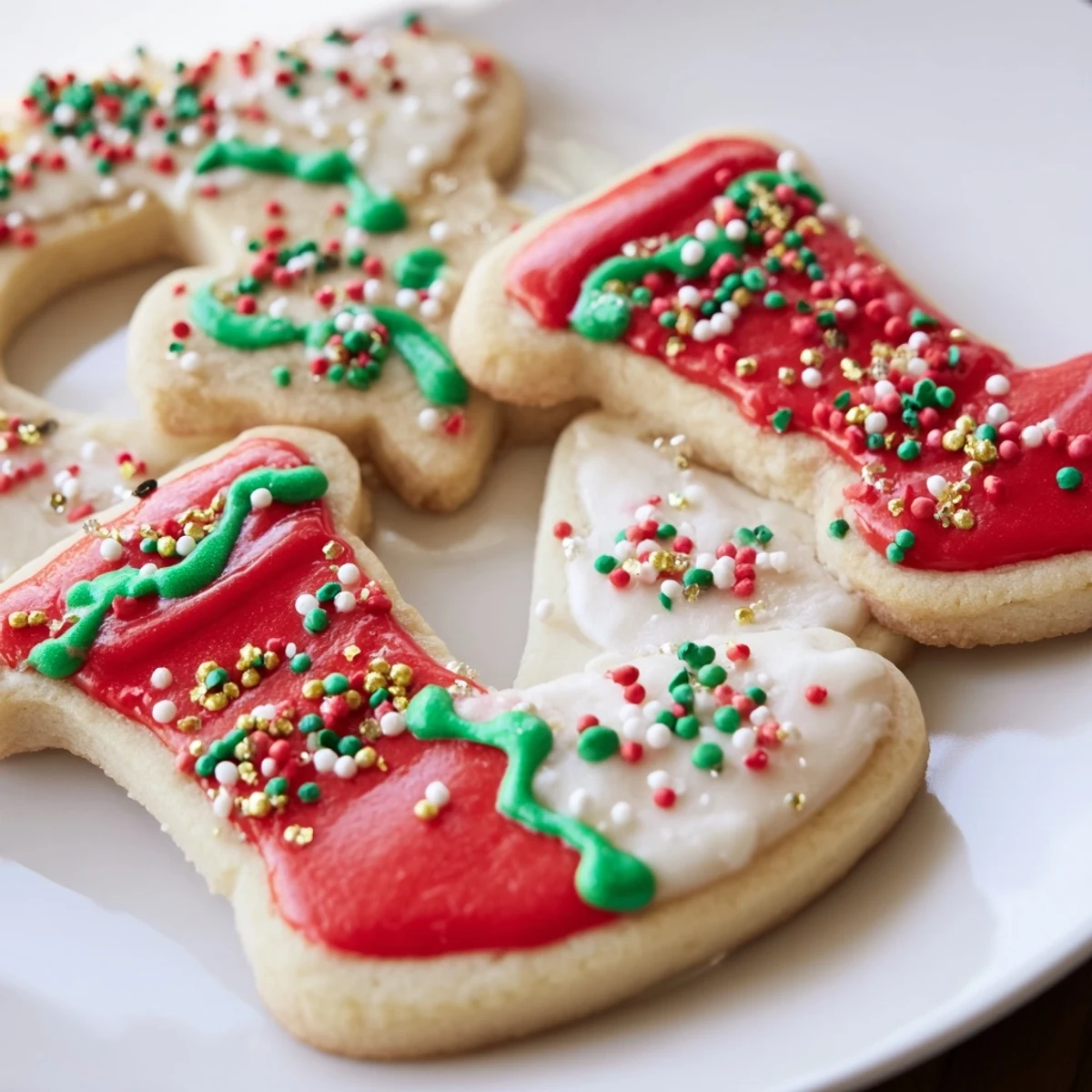 Festive Christmas Boot-Shaped Delights, iced boots with red, green, and white icing and colorful sprinkles.