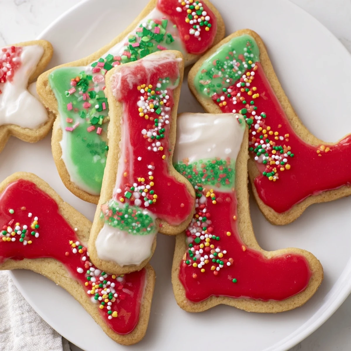 Brightly decorated Christmas Boot-Shaped Delights, perfect for a Christmas dessert alongside hot cocoa.