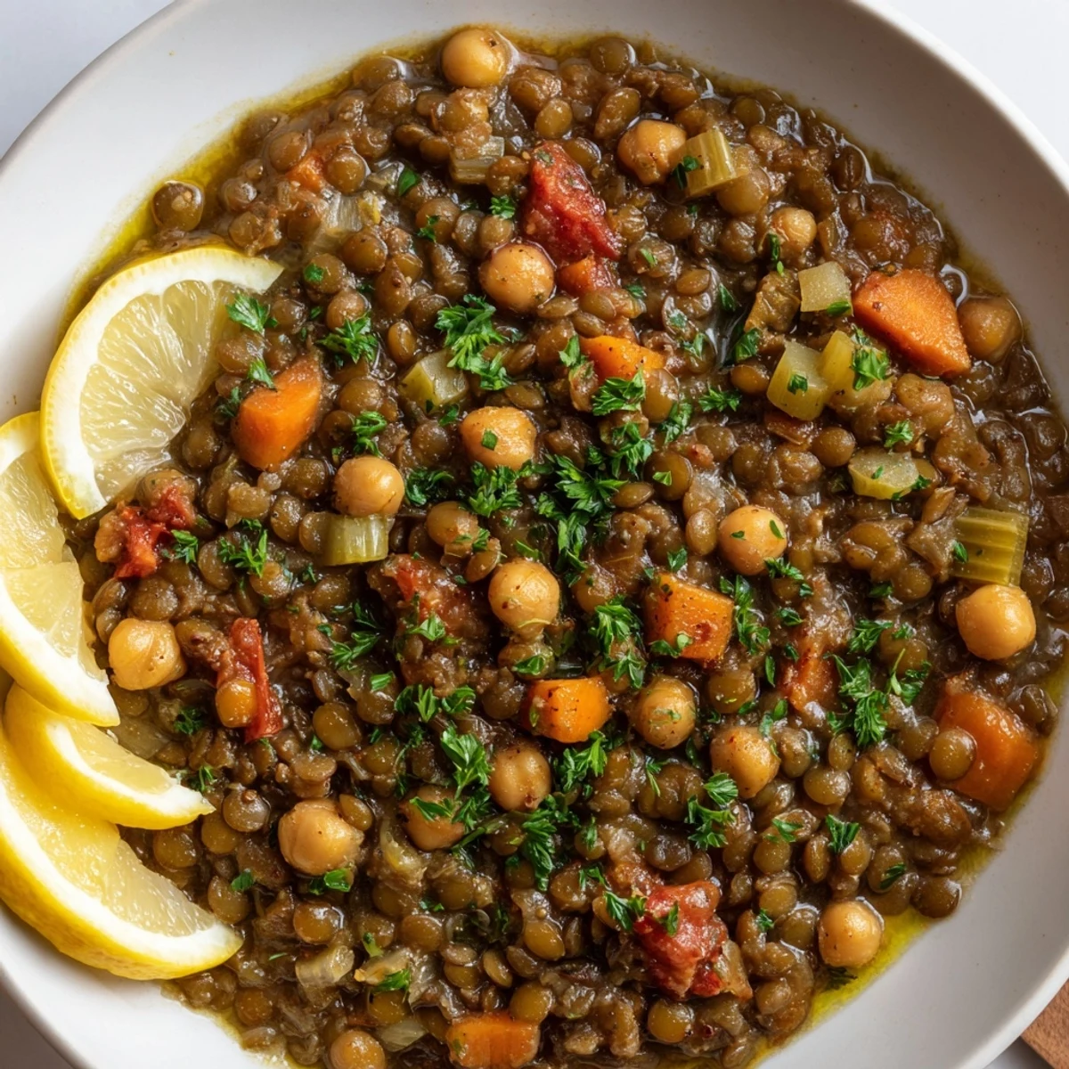Golden-hued Middle Eastern Lentil and Chickpea Stew, showcasing hearty lentils and chickpeas with vibrant flavors.