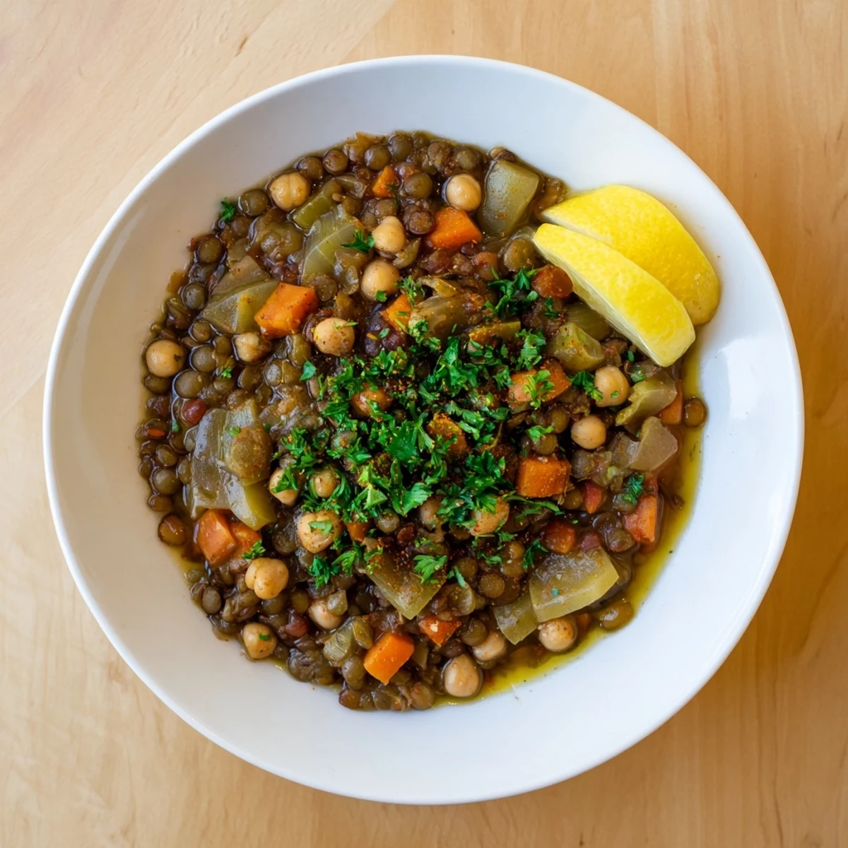 Close-up of a flavorful Middle Eastern Lentil and Chickpea Stew, ready to be served with lemon wedges.