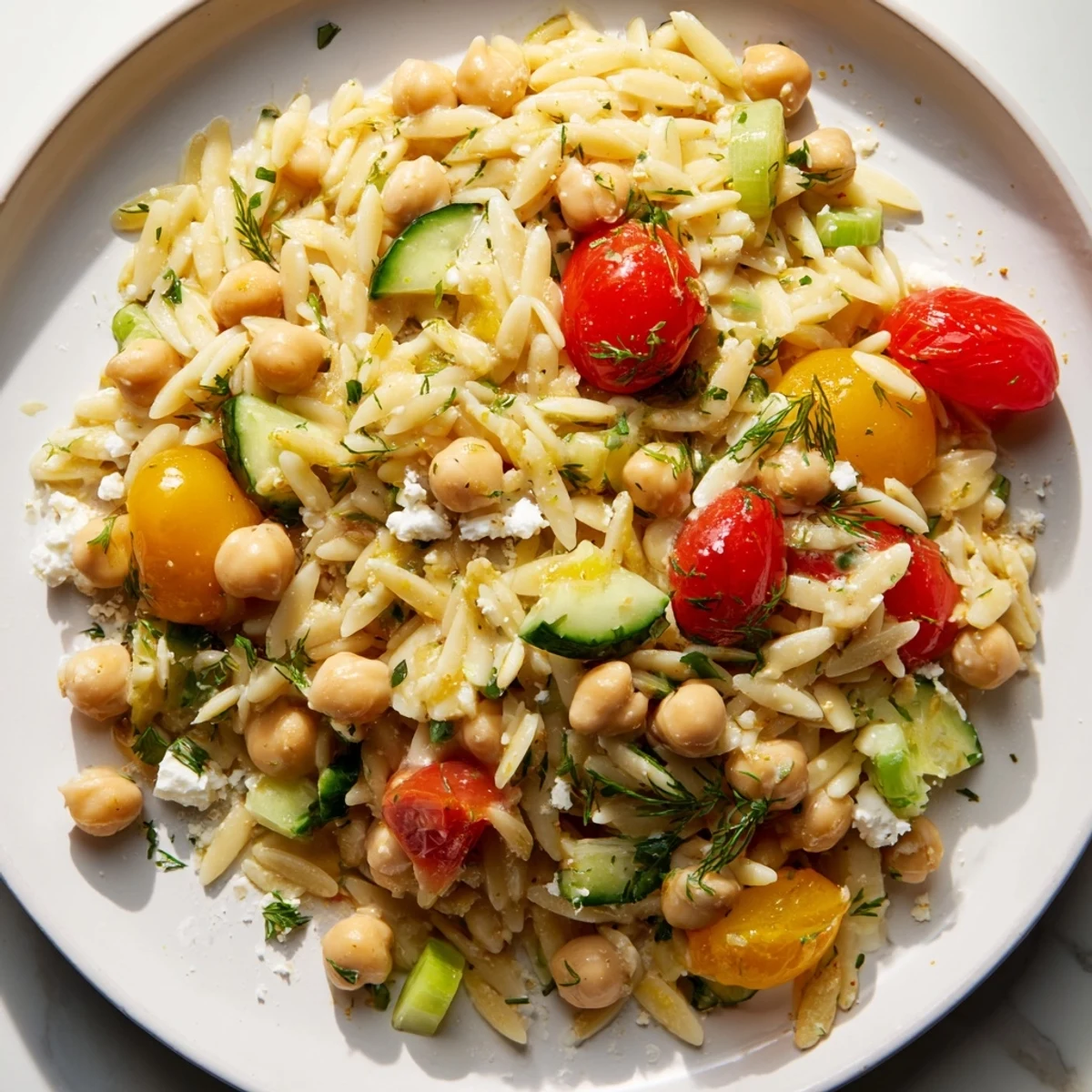 Vibrant Greek Lemon-Orzo Bean Salad with fresh dill, ready to serve as a delicious vegetarian meal.