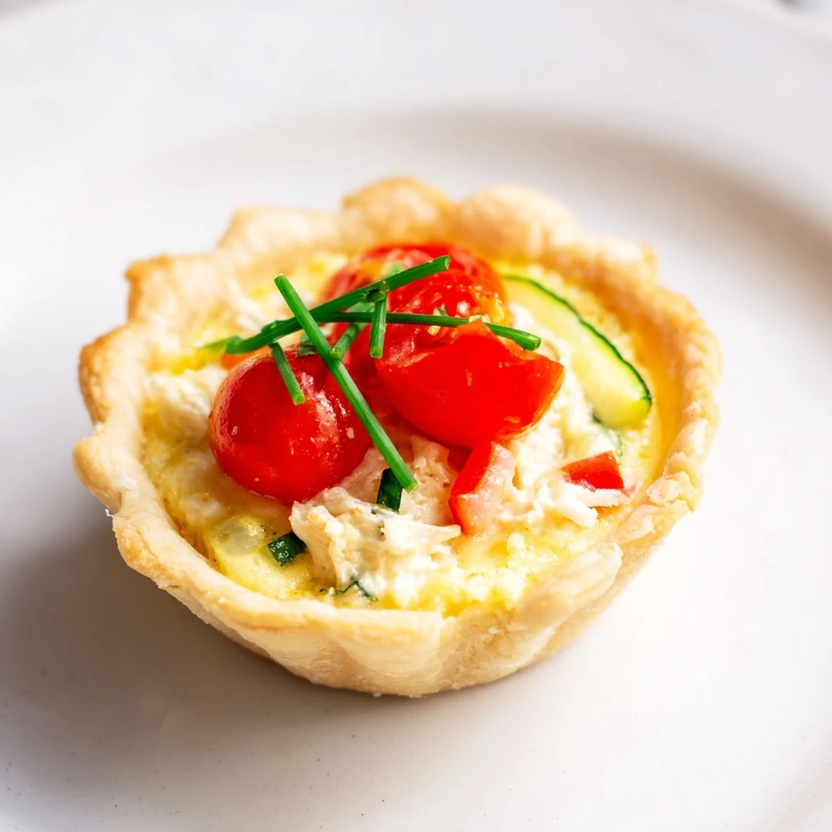 Golden-brown Couronne Florale Mini Quiches, showcasing vibrant vegetables and creamy filling, ready to serve and enjoy.