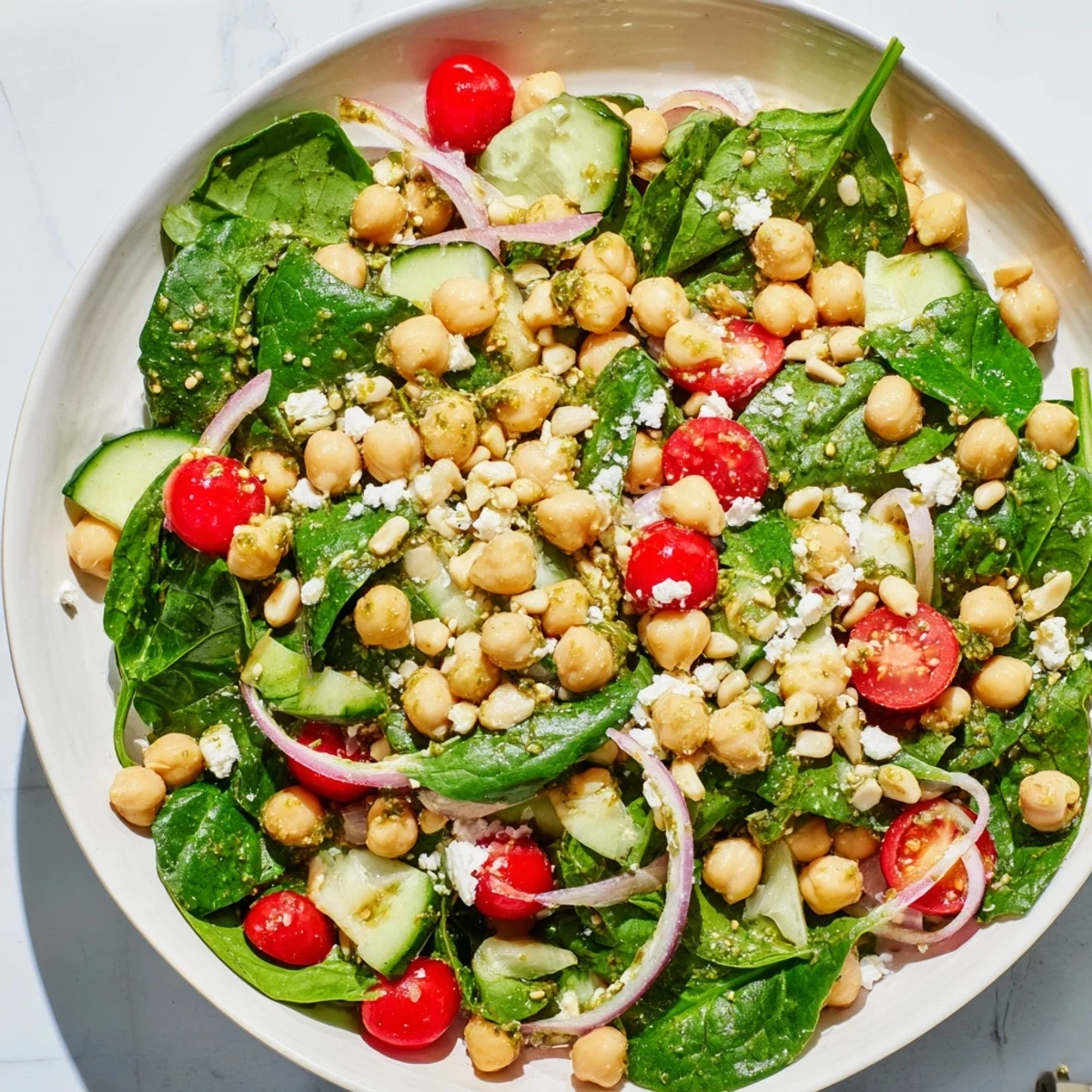 A close-up of vibrant Pesto Chickpea and Spinach Salad, showing fresh ingredients and creamy pesto.