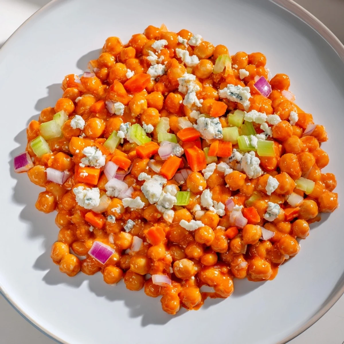Close-up of a buffalo chicken bean salad, showcasing the spicy sauce covering chickpeas and crunchy veggies.