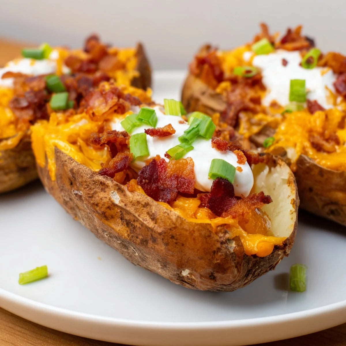 Melted cheese spills over the edges of these Loaded Baked Potato Skins, garnished with fresh green onion and sour cream.