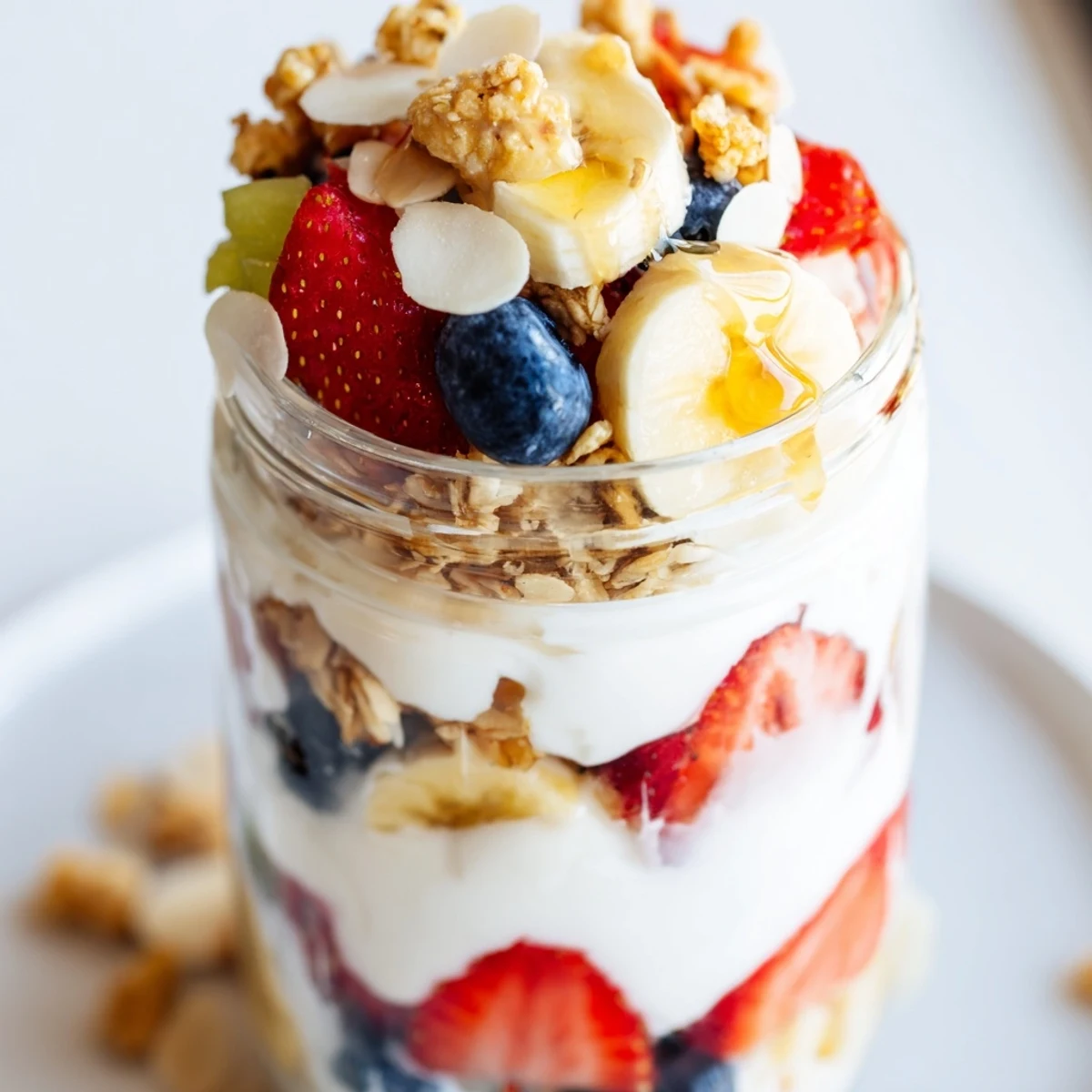 Layered yogurt fruit parfait with fresh strawberries, blueberries, and crunchy granola, a beautiful breakfast.