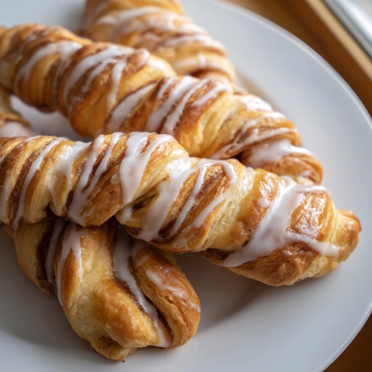 Warm Air-Fryer Cinnamon Roll Twists, smelling of cinnamon, are pictured, alongside a sweet, drizzled glaze, ready to serve.