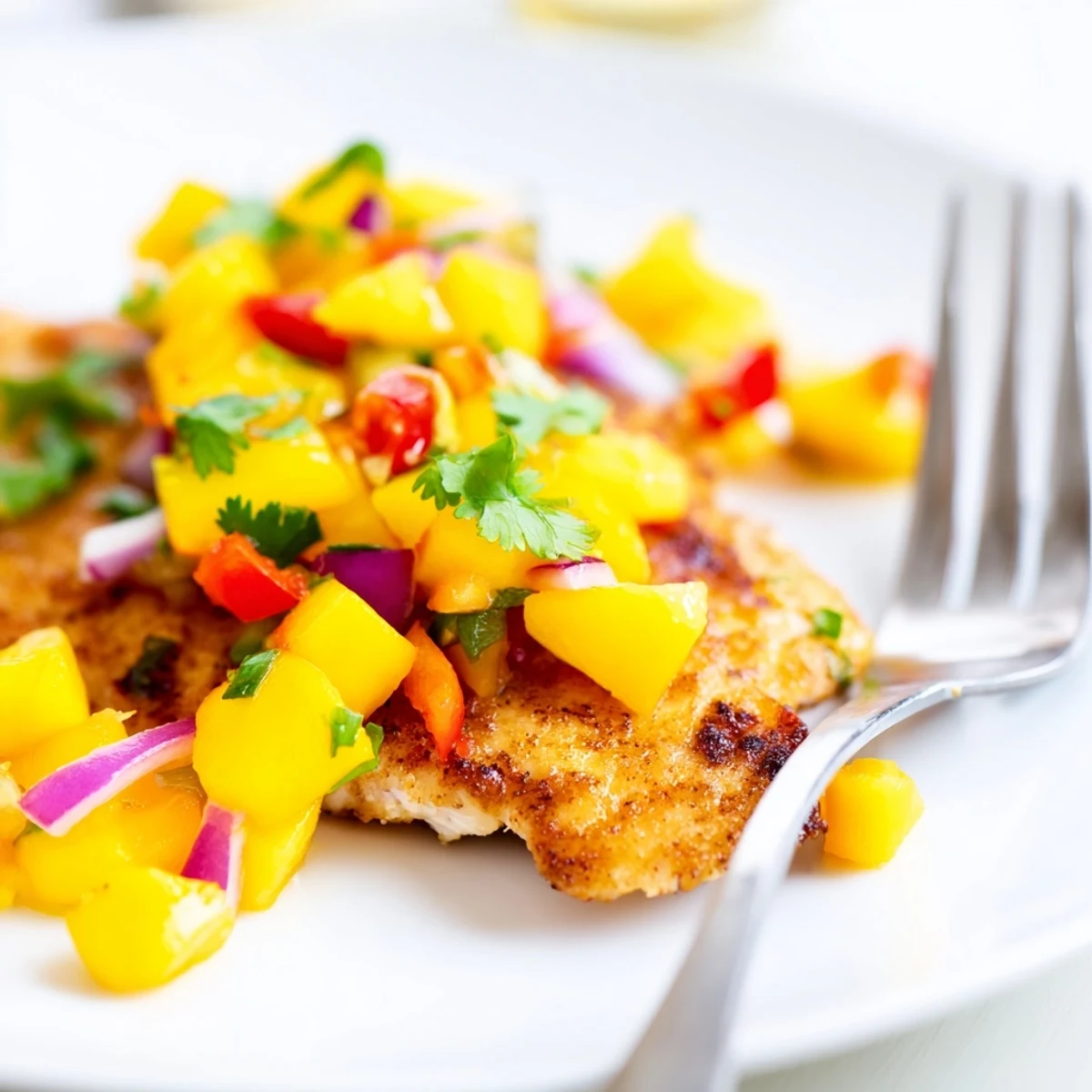 A close-up of Grilled Mango Salsa Chicken, beautifully arranged, highlighting the fresh mango salsa's textures.