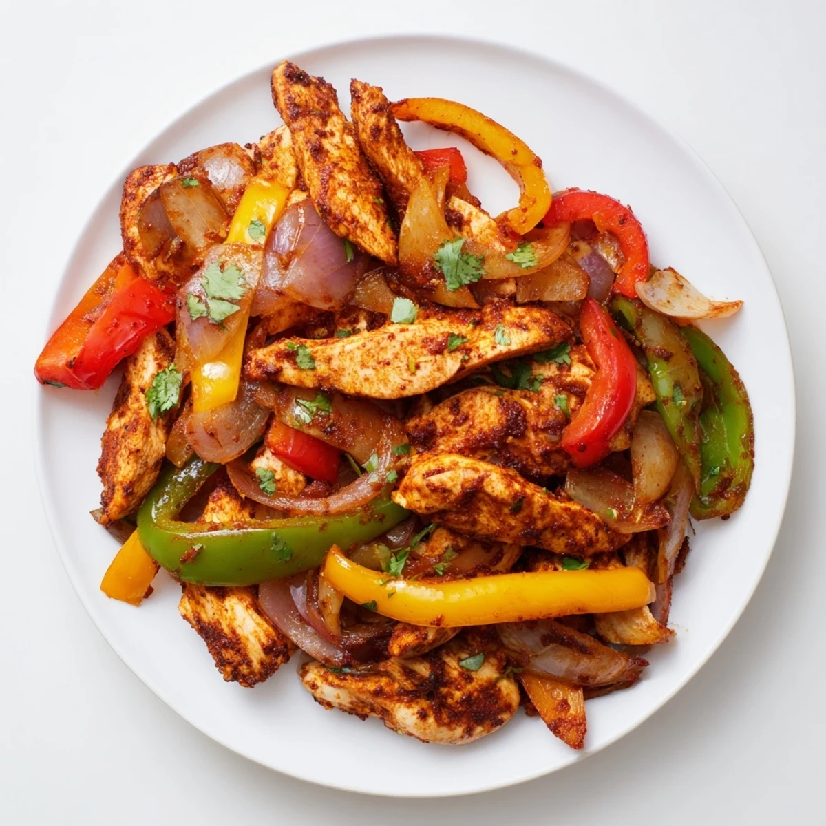 A close-up shot of Sheet-Pan Chicken Fajitas; the flavorful chicken and vegetables are perfectly cooked.