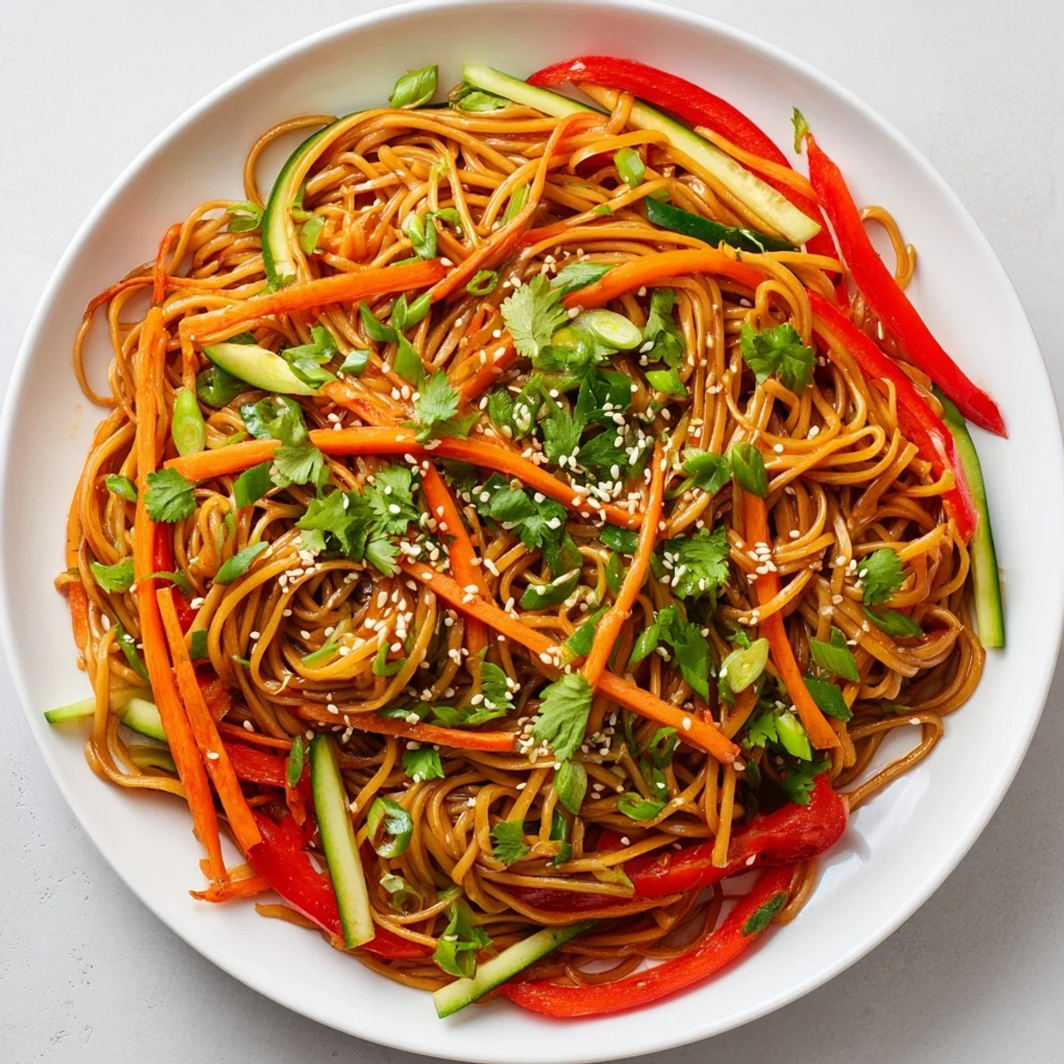 Vibrant image of Garlic Noodle Salad, tossed with crisp vegetables and a fragrant garlic dressing, ready to enjoy.