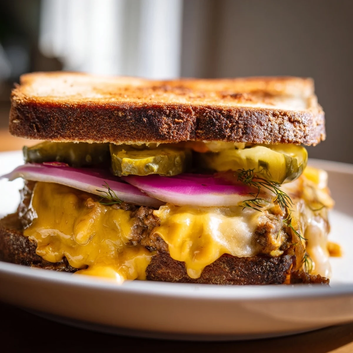 Golden-brown Smashed Burger Grilled Cheese, oozing cheese, promising a savory, satisfying bite, perfect for dinner.