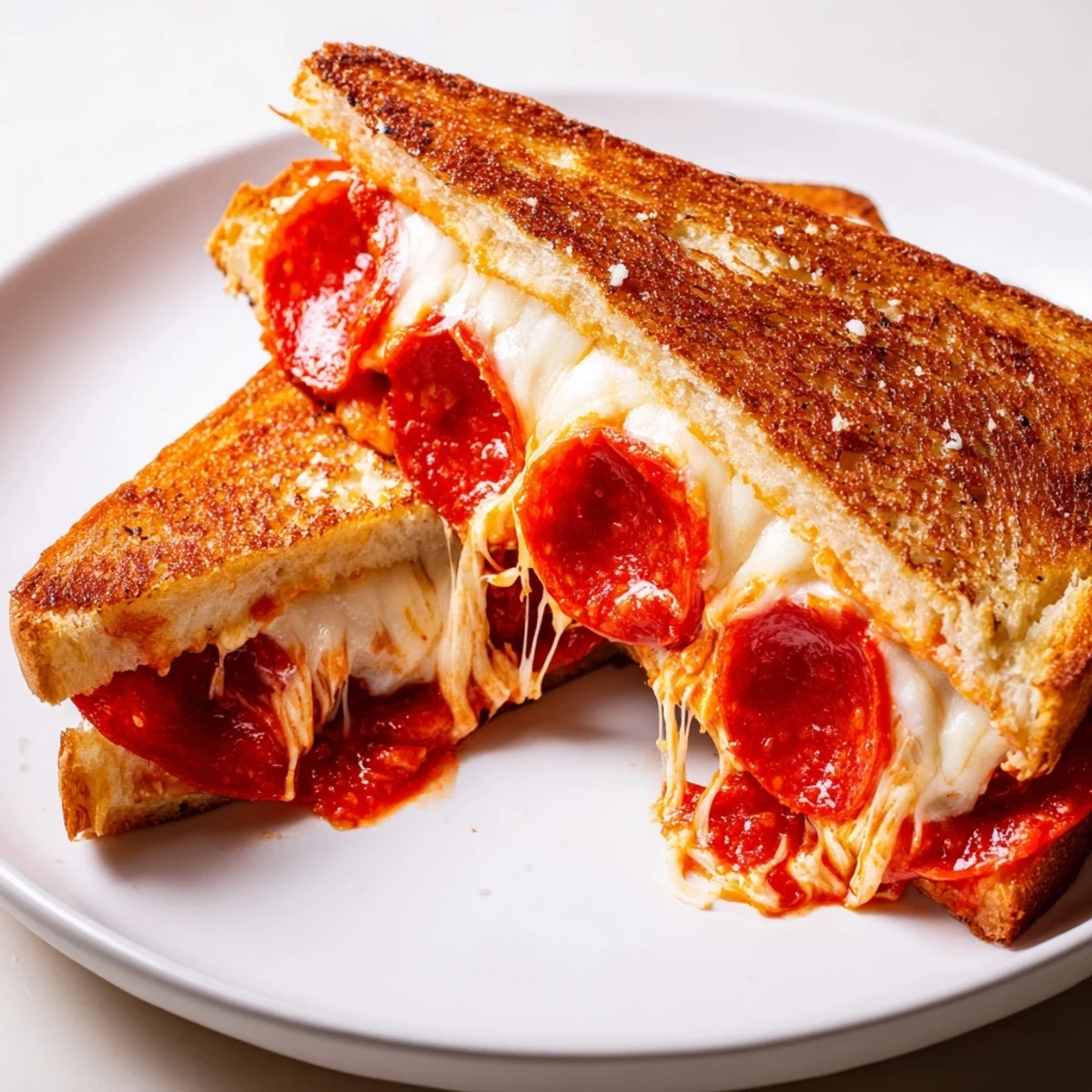 Golden, bubbly Pizza Grilled Cheese, oozing with melted mozzarella and pepperonis alongside warm marinara for dipping.
