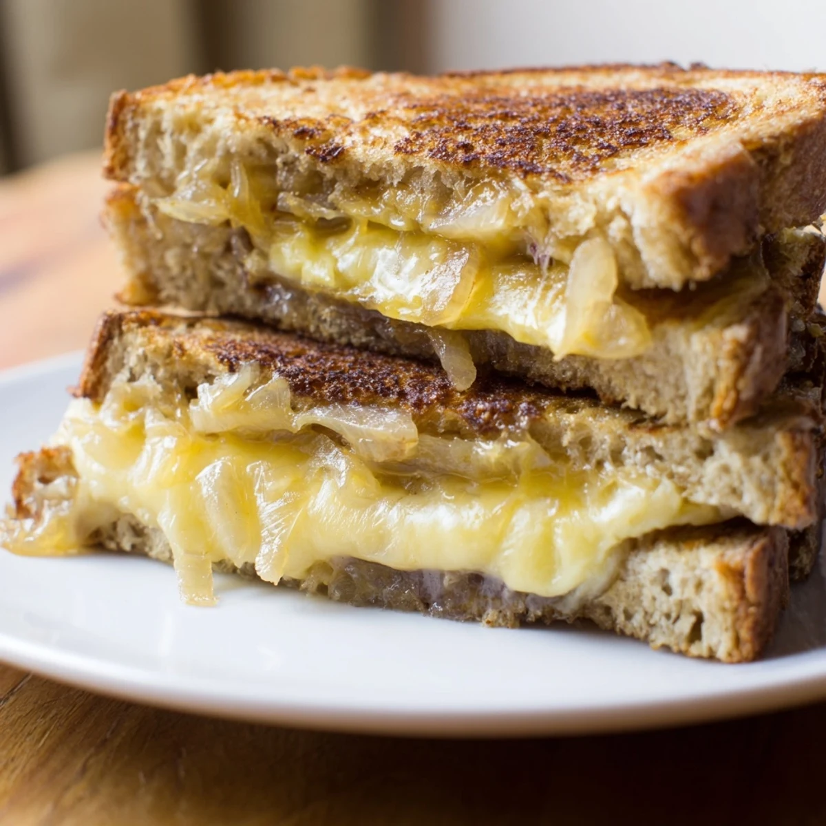 Golden, crispy Caramelized Onion and Gruyère Grilled Cheese, oozing melted Gruyère, ready to savor.