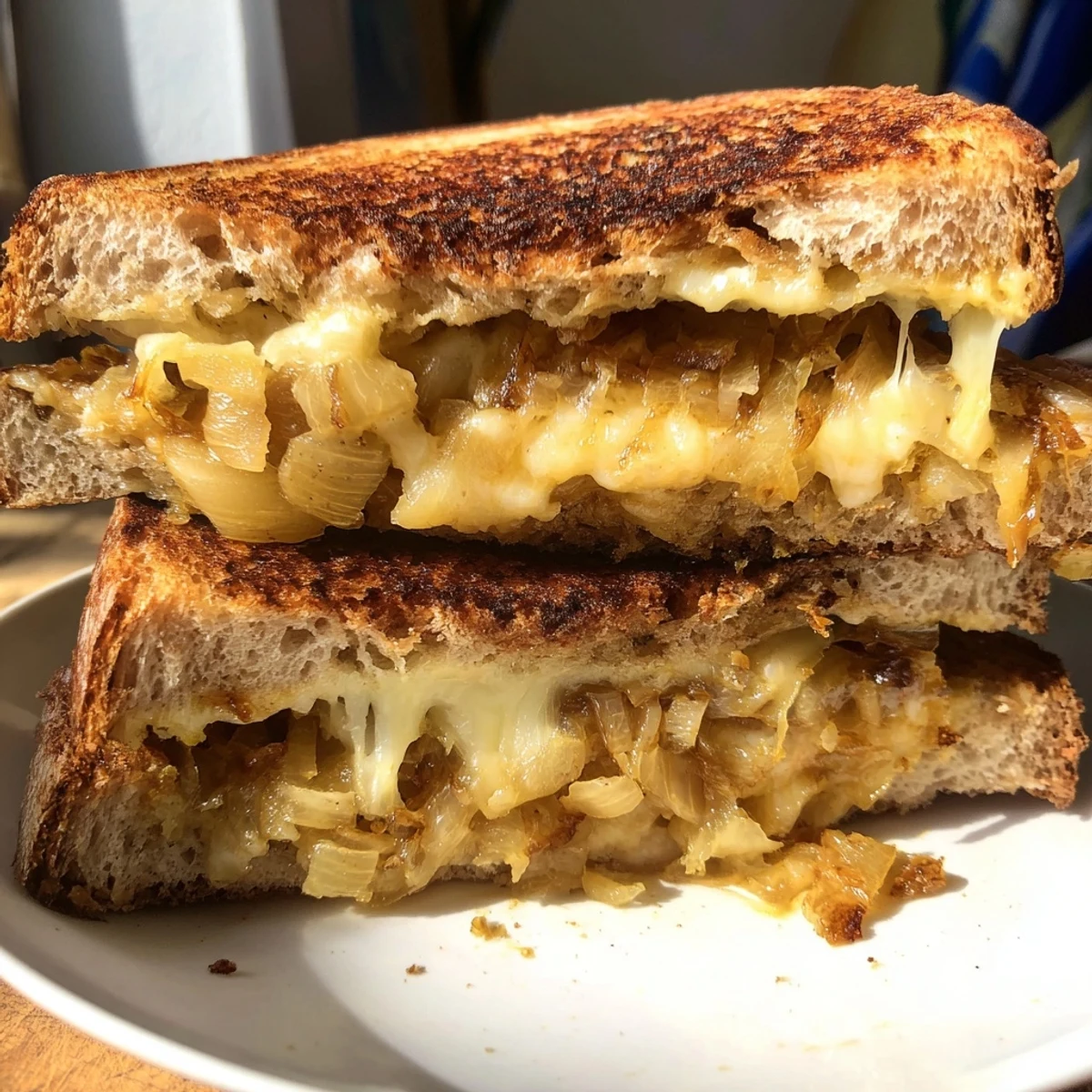 A close-up of a perfectly grilled Caramelized Onion and Gruyère Grilled Cheese, with bubbling cheese.