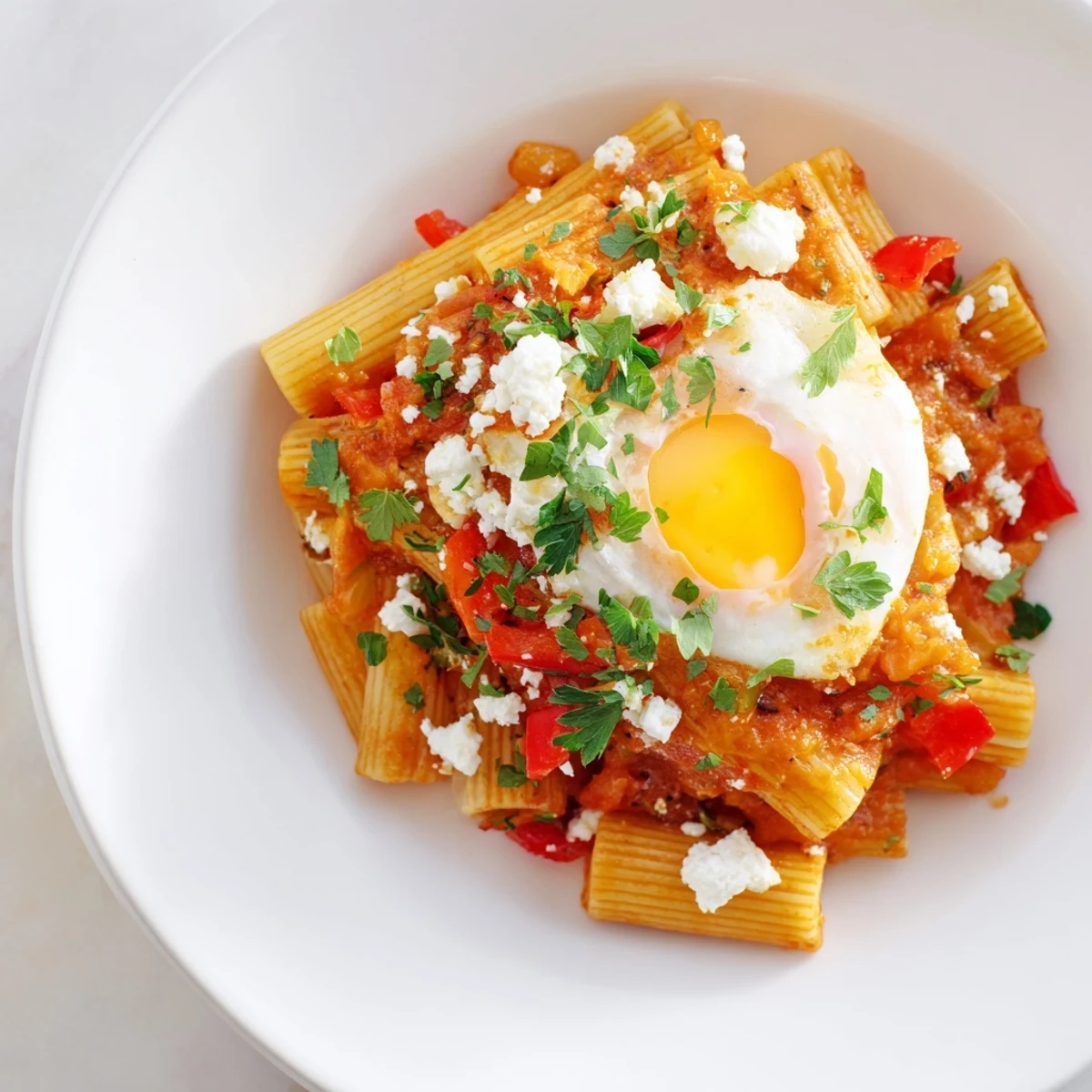 Spicy Quick Shakshuka Pasta dish, showcasing runny egg yolks nestled in savory sauce, ready to eat.