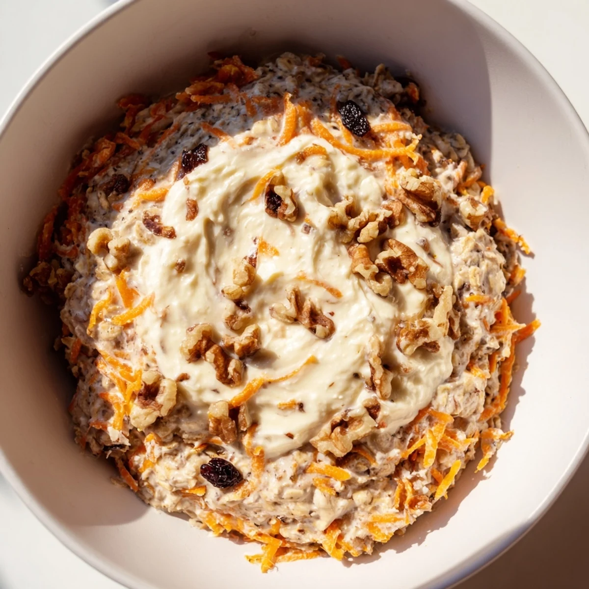 A delicious close-up of Carrot Cake Overnight Oats with a swirl of cream cheese frosting, and visible nuts.
