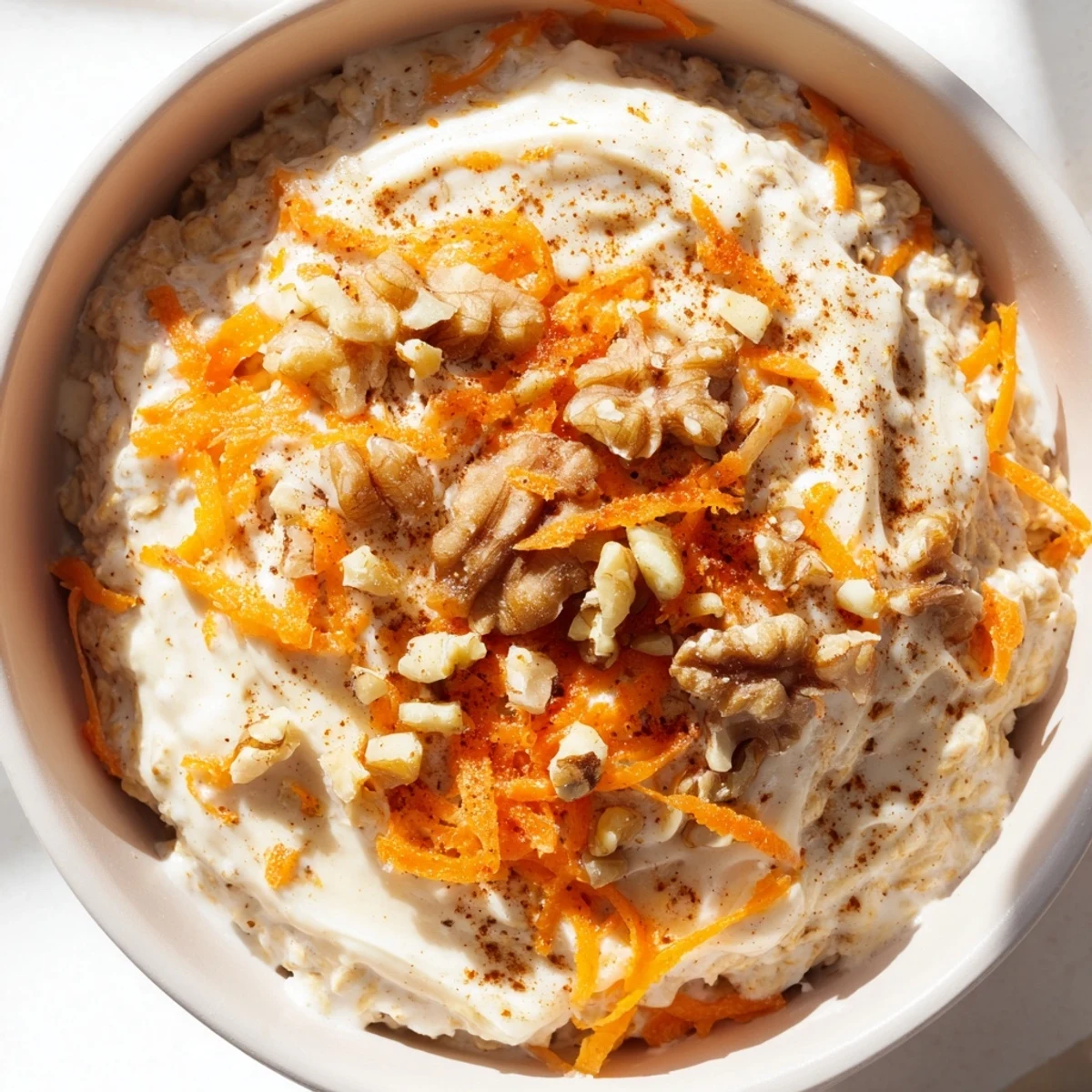 Enjoy a healthy serving of Carrot Cake Overnight Oats, the image showing a perfect make-ahead breakfast.