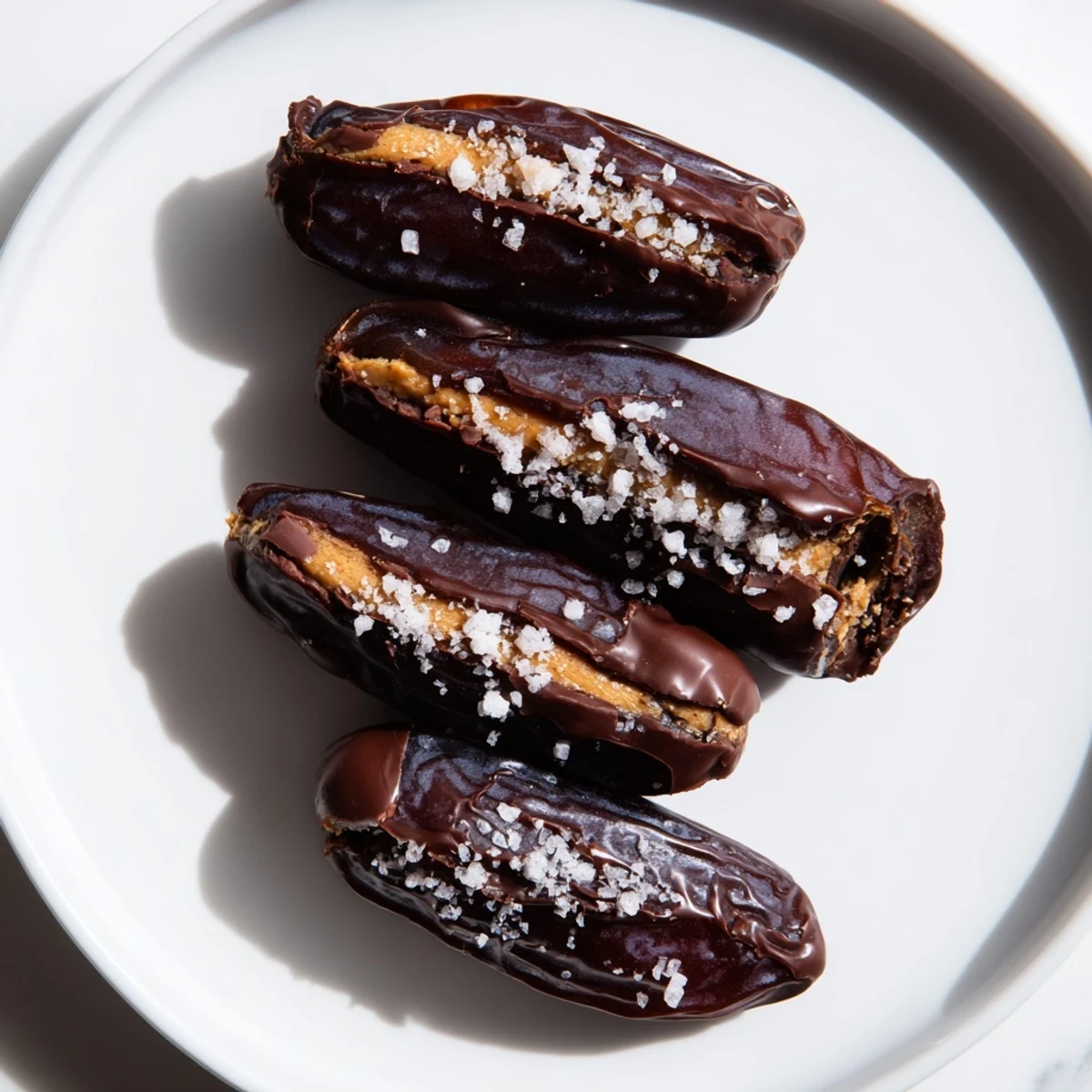 Melted chocolate enrobes peanut butter-filled dates; the perfect homemade chocolate peanut butter dates dessert.