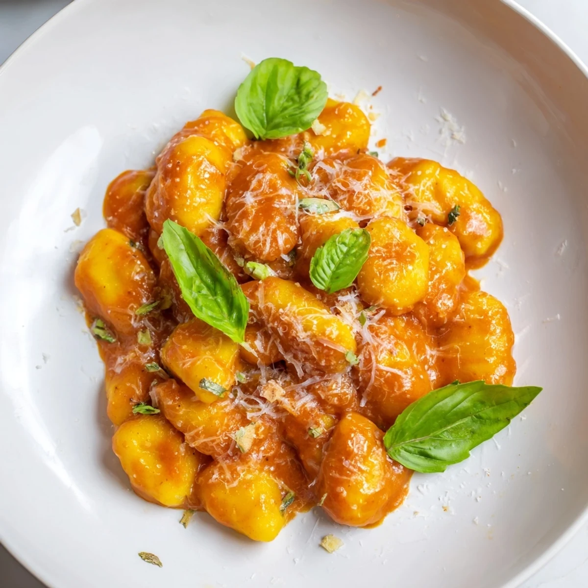 Creamy Tomato Gnocchi, glistening with Parmesan, ready to serve in a warm, inviting skillet.