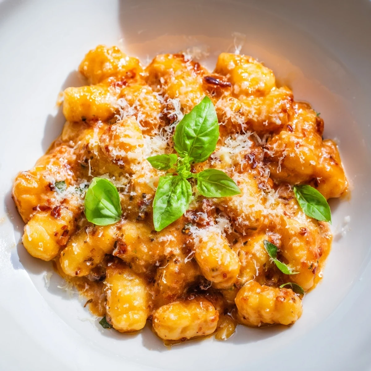 A steaming bowl of Creamy Tomato Gnocchi, the pillowy pasta coated in a rich, flavorful tomato sauce.