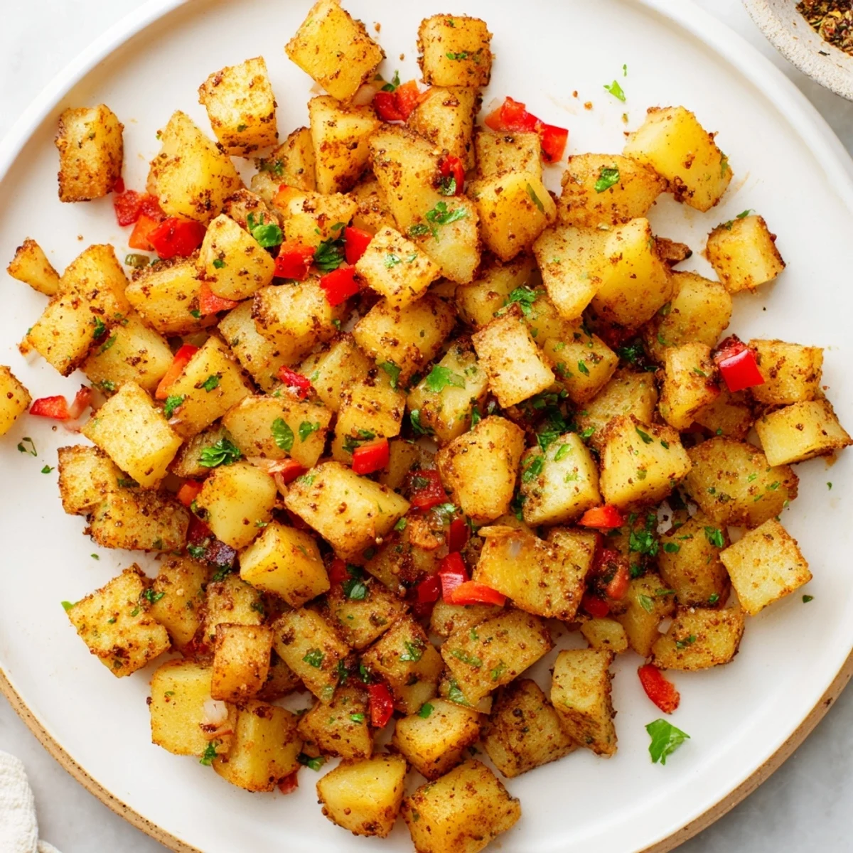 Freshly made air fryer breakfast potatoes, alongside a bowl of eggs, ready for a satisfying, comforting breakfast.