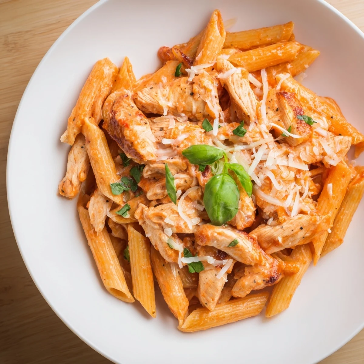 Creamy Tomato Basil Chicken Pasta, a comforting Italian meal, beautifully plated with fresh basil and parmesan.