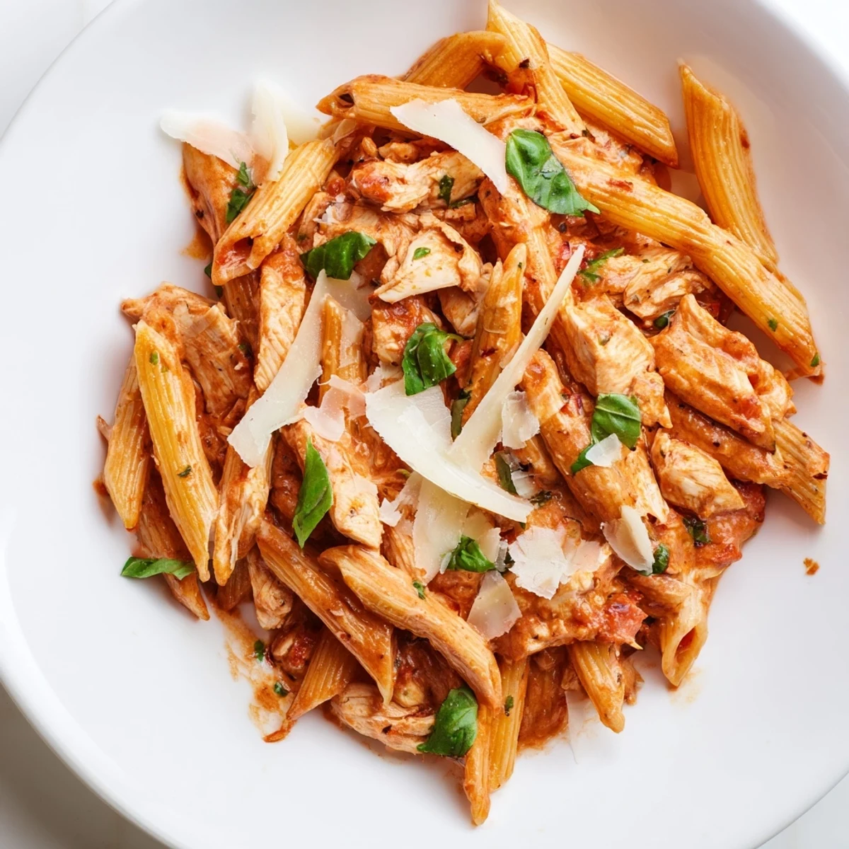 This Creamy Tomato Basil Chicken Pasta showcases golden chicken slices glistening in a rich, creamy tomato sauce.