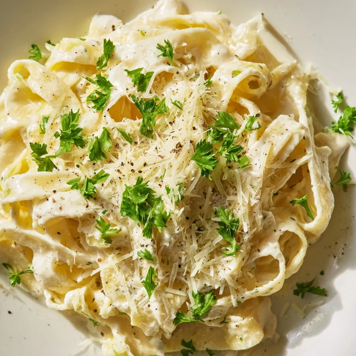 A close-up of finished cottage cheese Alfredo sauce, with flecks of pepper and fresh parsley garnish.